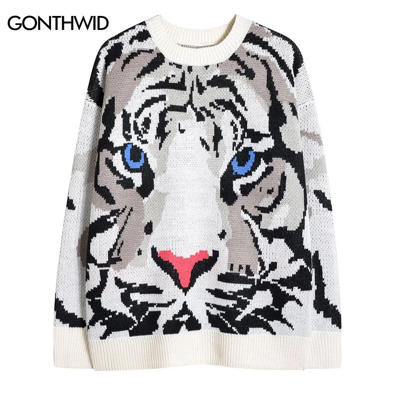 Hip Hop Knitted Sweater Streetwear Tiger Jumpers Sweaters 2023 Autumn Unisex Harajuku Casual Pullover Sweater Knitwear High Neck Pullover Hip Hop Knitted Sweater Streetwear Tiger Jumpers Sweaters 2023 Autumn Unisex Harajuku Casual Pullover Sweater Knitwear High Neck Pullover