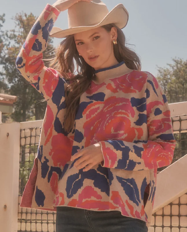 Floral Print Pullover Sweater Open Neck Pullover