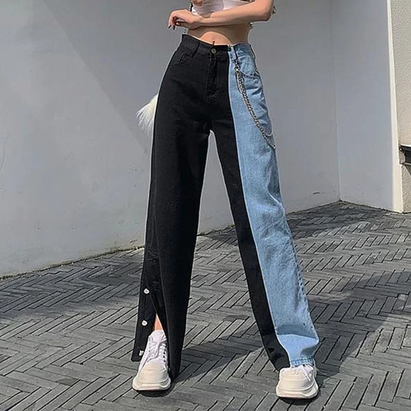 2022 Side Covered Button Slit Wide Leg Denim Pants Women Loose Casual Streetwear Color Block Patchwork Vogue Trousers Trousers Polka Dot Cute 2022 Side Covered Button Slit Wide Leg Denim Pants Women Loose Casual Streetwear Color Block Patchwork Vogue Trousers Trousers Polka Dot Cute