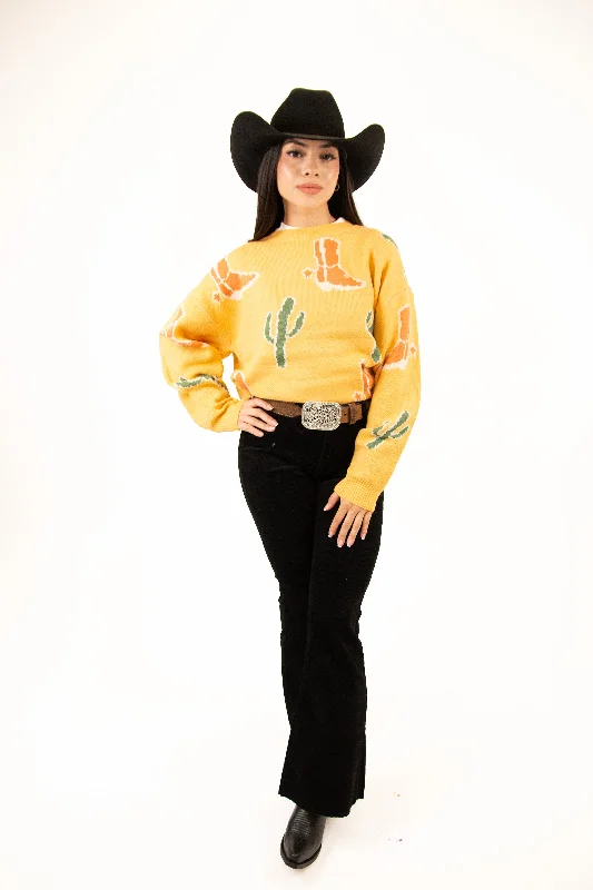 Aubrey Cactus Boots And Cactus Patched Pullover Sweater Sheath Sleeve Elegant