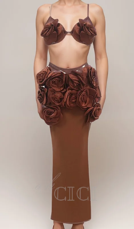 EVANGELINE 3D FLOWER CROP TOP SKIRT SET IN BROWN Casual Formal Business