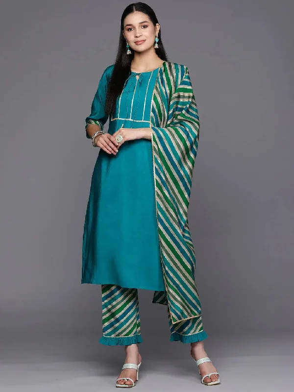 Blue Yoke Design Silk Blend Straight Kurta With Trousers & Dupatta Trousers Office Stylish Blue Yoke Design Silk Blend Straight Kurta With Trousers & Dupatta Trousers Office Stylish
