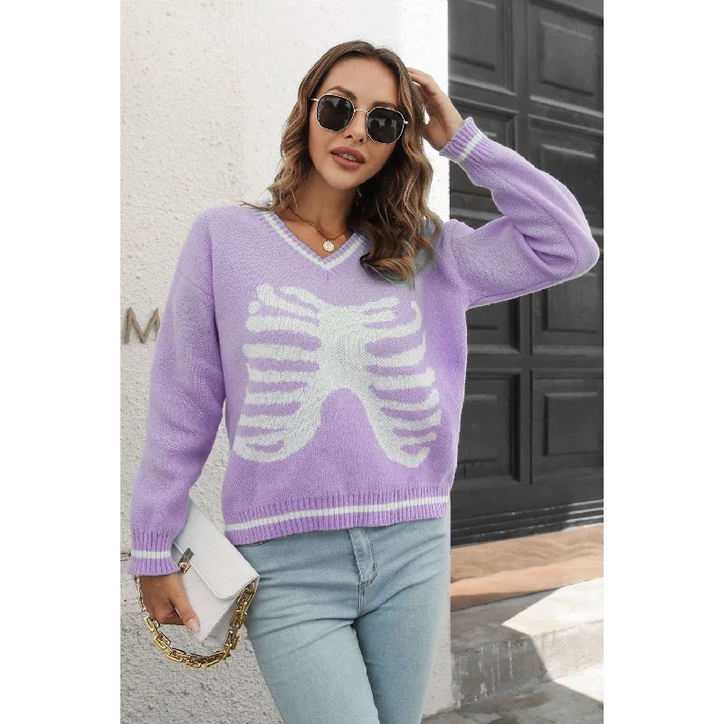 Skeleton Pattern V-Neck Long Sleeve Pullover Sweater Wide Sleeve Pullover