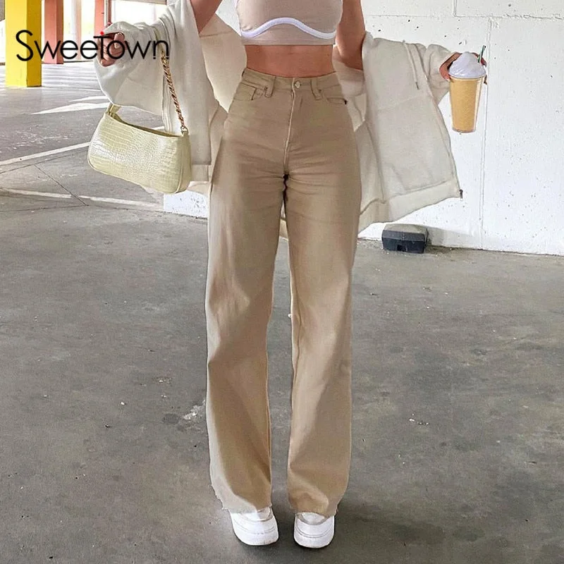 Sweetown Khaki Solid Casual Jeans Women 2022 Streetwear Cargo Pants Korean Style Retro High Waist Straight Denim Trousers Trousers Office Stylish Sweetown Khaki Solid Casual Jeans Women 2022 Streetwear Cargo Pants Korean Style Retro High Waist Straight Denim Trousers Trousers Office Stylish