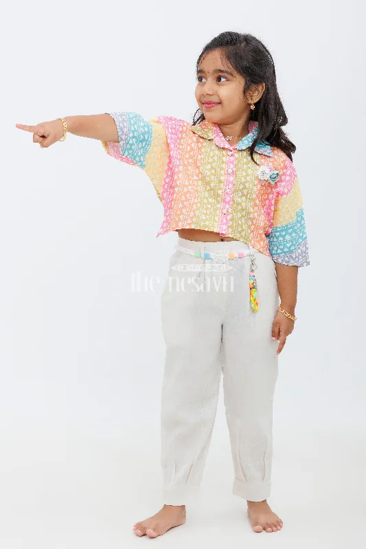 Girls Multicolor Geometric Print Cropped Top with Beige Trousers and Braided Belt for Casual Outings Trousers stylish elegant Girls Multicolor Geometric Print Cropped Top with Beige Trousers and Braided Belt for Casual Outings Trousers stylish elegant