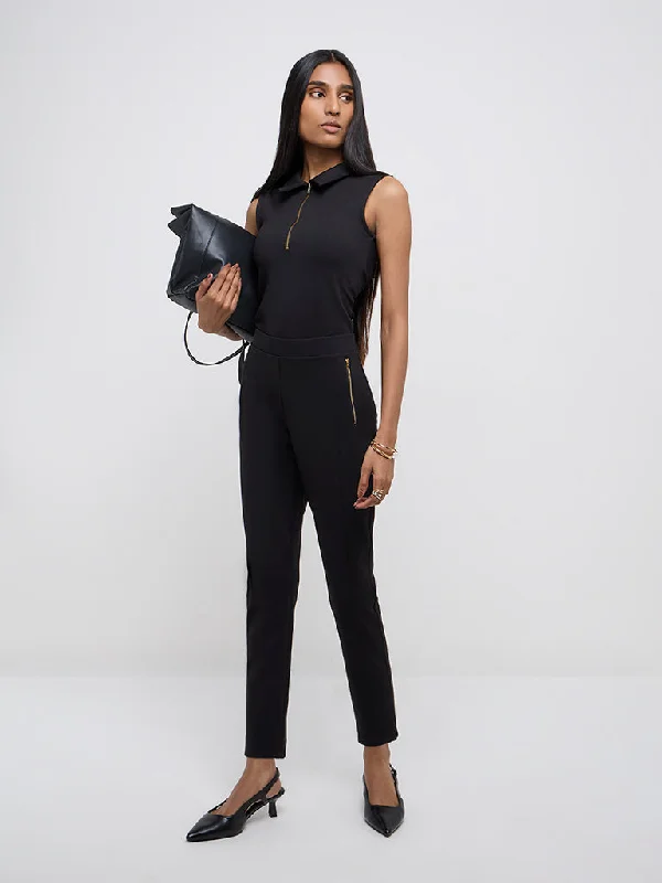 Wardrobe Black Slim-Fit High-Rise Trousers Trousers Corduroy Warm