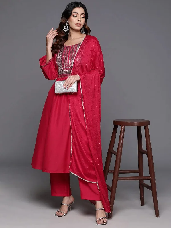 Pink Yoke Design Silk Blend A-Line Kurta With Trousers & Dupatta Trousers trendy modern Pink Yoke Design Silk Blend A-Line Kurta With Trousers & Dupatta Trousers trendy modern