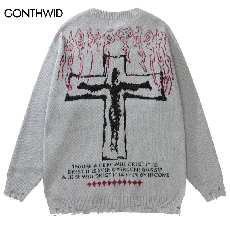 Vintage Sweaters Y2K Grunge Streetwear Hip Hop Ripped Hole Knitted Cross Punk Gothic Jumpers Harajuku Casual Pullover Alpaca Blend Soft Vintage Sweaters Y2K Grunge Streetwear Hip Hop Ripped Hole Knitted Cross Punk Gothic Jumpers Harajuku Casual Pullover Alpaca Blend Soft