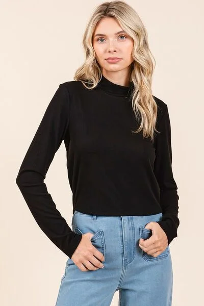 Hazel Blues® | Mittoshop Mock Neck Rib Knit Long Sleeve Crop Top Handmade Hand-knitted Hand-woven Hazel Blues® | Mittoshop Mock Neck Rib Knit Long Sleeve Crop Top Handmade Hand-knitted Hand-woven