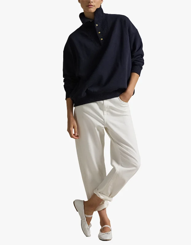 Buttoned Placket Fleece Pullover - RL Navy Short Sleeve Top