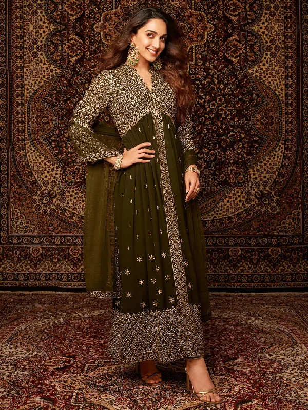 Libas Art Chandni Olive Embroidered Georgette A-Line Kurta With Trousers & Dupatta Trousers cozy comfortable Libas Art Chandni Olive Embroidered Georgette A-Line Kurta With Trousers & Dupatta Trousers cozy comfortable