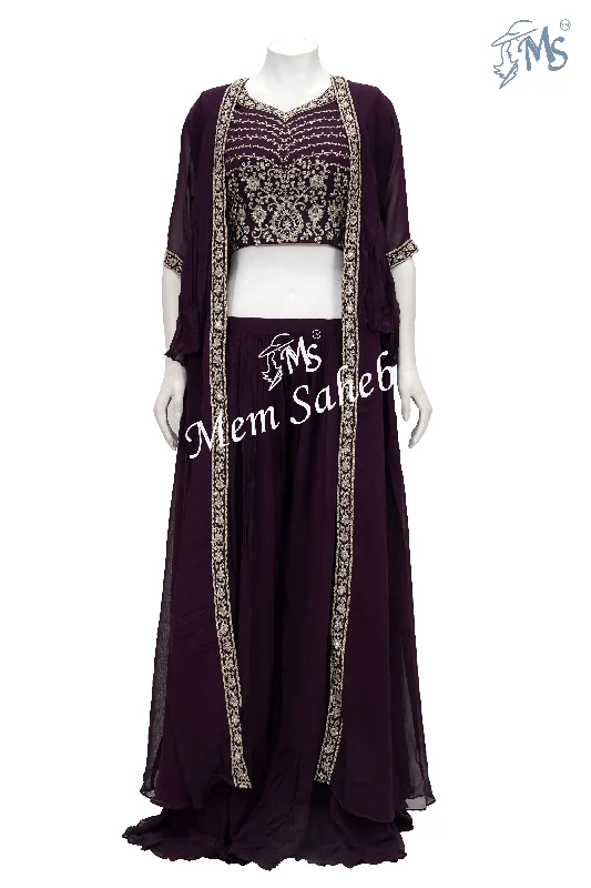 Indo Western Long Jacket with Embroidery Crop Top and Palazzo Pant Jersey Fabric Tulle Fabric Batik Fabric Indo Western Long Jacket with Embroidery Crop Top and Palazzo Pant Jersey Fabric Tulle Fabric Batik Fabric