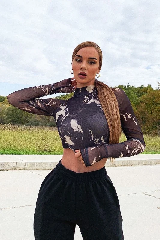 Black Marble Ruched Inside Mesh Crop Top - Mally Crop Top Seamless Stretchy