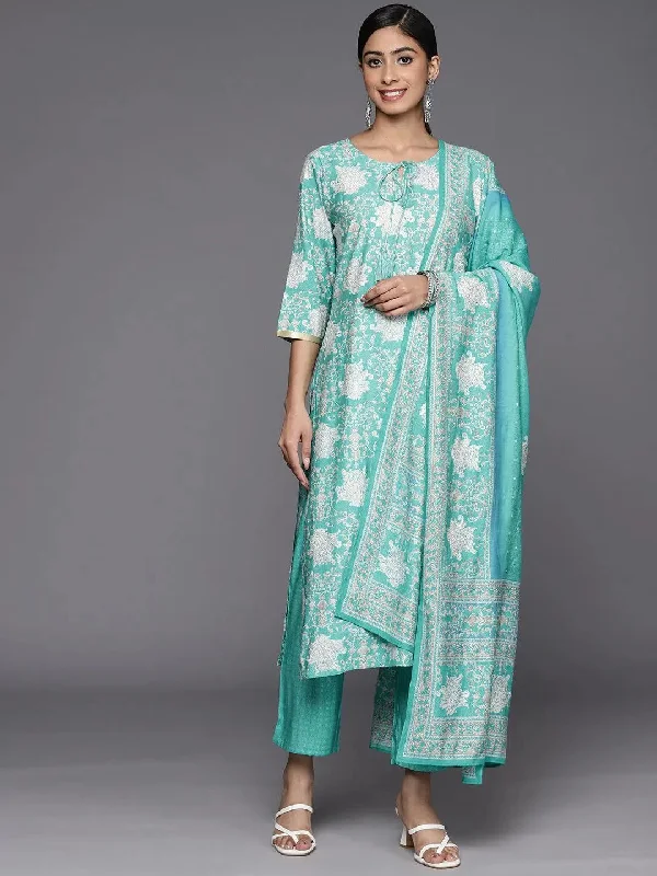 Blue Printed Silk Blend Straight Kurta With Trousers & Dupatta Trousers Satin Smooth