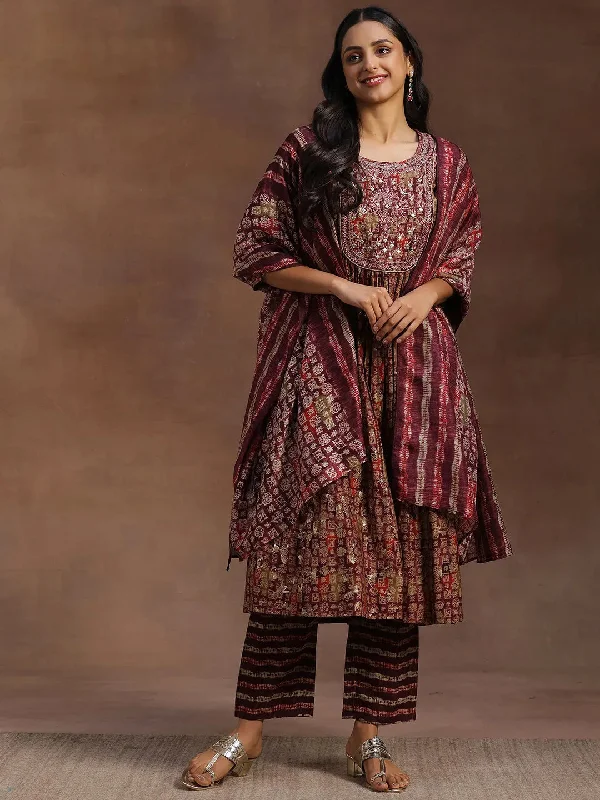 Burgundy Printed Silk Blend A-Line Kurta With Trousers & Dupatta Trousers Travel Practical Burgundy Printed Silk Blend A-Line Kurta With Trousers & Dupatta Trousers Travel Practical