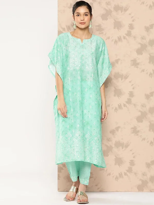 Sea Green Printed Silk Blend Kaftan Kurta With Trousers Trousers Business Professional Sea Green Printed Silk Blend Kaftan Kurta With Trousers Trousers Business Professional