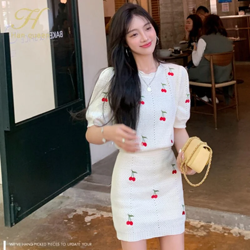 H Han Queen Summer knitted Suit Skirt OL 2 Pieces Suits V-neck Knitted Crop Top + Sheath Pencil Bodycon Skirt Korean Casual Set Polka Dot Checkered Tartan