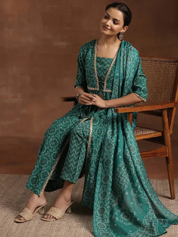 Rama Green Printed Silk Blend A-Line Kurta With Trousers & Dupatta Trousers Business Professional