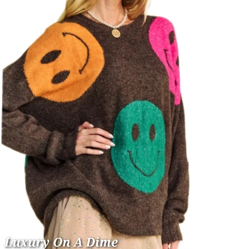 DAVI & DANI Knit Smiley Face Contrast Long Sleeve Oversized Pullover Sweater Top Cap Sleeve Casual DAVI & DANI Knit Smiley Face Contrast Long Sleeve Oversized Pullover Sweater Top Cap Sleeve Casual