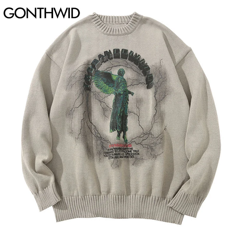 GONTHWID Knitted Sweaters Hip Hop Lightning 3D Angel Statue Print Pullover Sweater Streetwear Hip Hop Casual Loose Tops Fleece Warm Pullover GONTHWID Knitted Sweaters Hip Hop Lightning 3D Angel Statue Print Pullover Sweater Streetwear Hip Hop Casual Loose Tops Fleece Warm Pullover