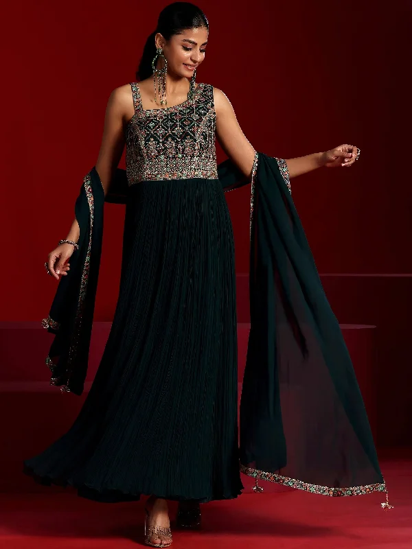 Libas Art Blue Embroidered Georgette A-Line Kurta With Trousers & Dupatta Trousers Running Lightweight Libas Art Blue Embroidered Georgette A-Line Kurta With Trousers & Dupatta Trousers Running Lightweight