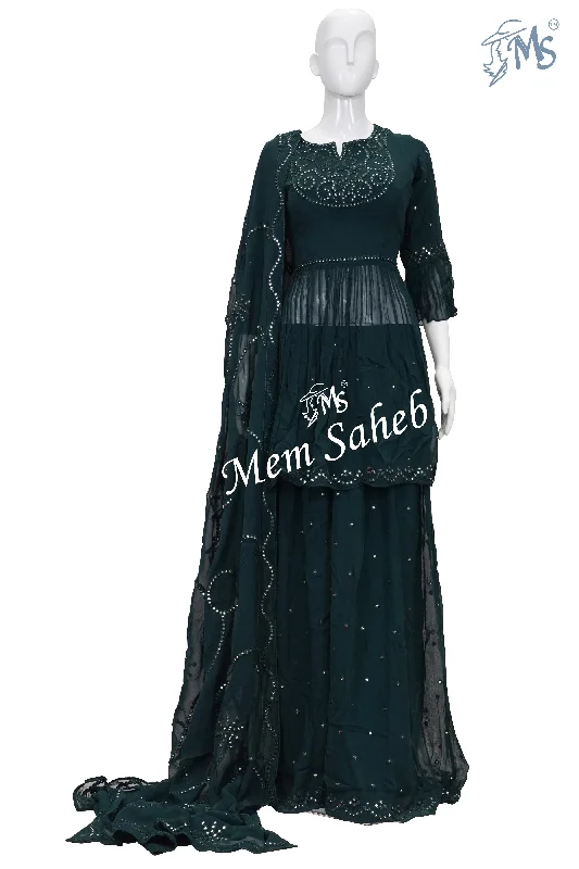 Indo Western Bottle Green Frock Style Crop Top with Palazzo Pant Satin Fabric Silk Fabric Chiffon Fabric Indo Western Bottle Green Frock Style Crop Top with Palazzo Pant Satin Fabric Silk Fabric Chiffon Fabric