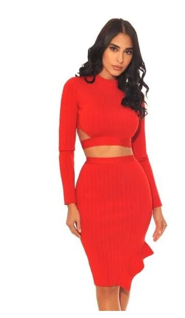 Red Crop Top 2 Piece Bandage Set Elasticated Padded Insulated