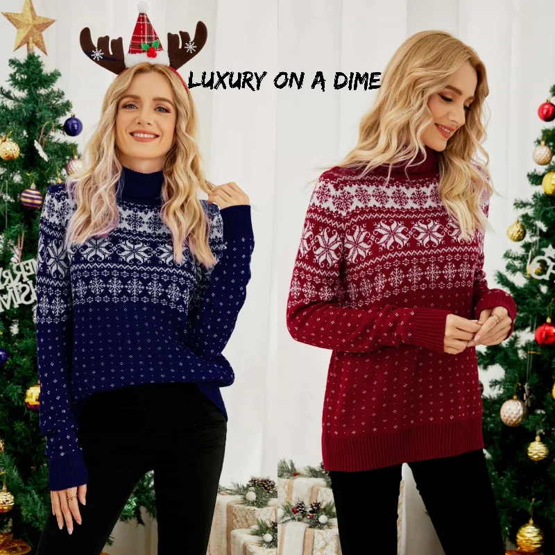 Snowflake Turtleneck Knit Fair Isle Geometric Classic Pullover Winter Sweater One Shoulder Top Snowflake Turtleneck Knit Fair Isle Geometric Classic Pullover Winter Sweater One Shoulder Top