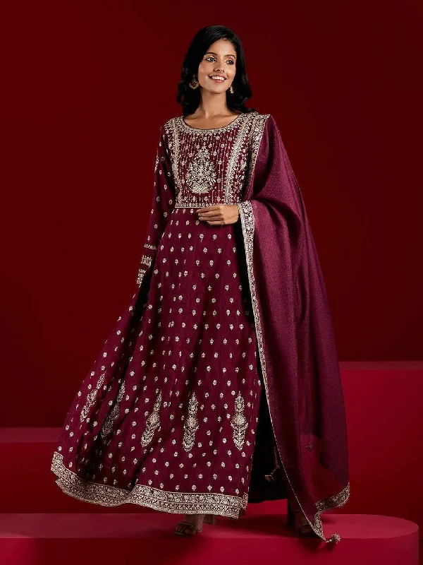 Libas Art Wine Embroidered Silk A-Line Kurta With Trousers & Dupatta Cropped Trousers Casual Linen