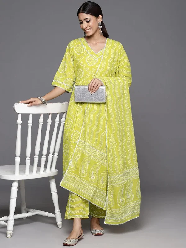 Green Printed Cotton A-Line Kurta With Trousers & Dupatta Trousers Party Sparkling