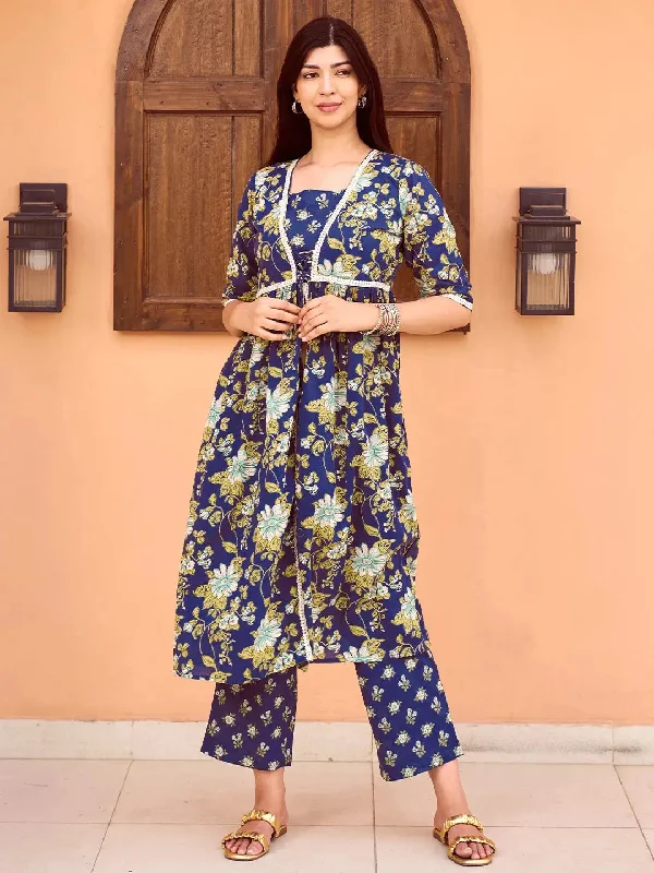 Blue Printed Cotton A-Line Kurta With Trousers Trousers Wedding White