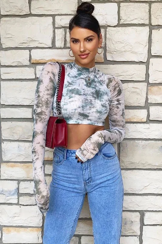 Green Marble Ruched Inside Mesh Crop Top - Mally Summer Crop Top Casual Short Sleeve Green Marble Ruched Inside Mesh Crop Top - Mally Summer Crop Top Casual Short Sleeve
