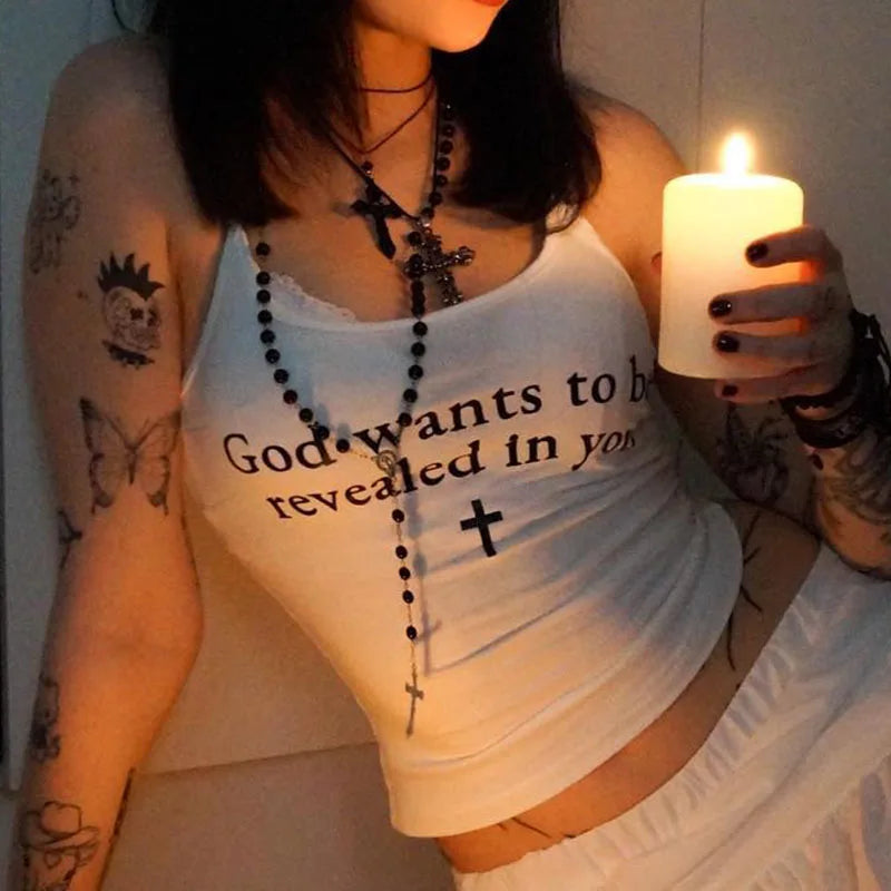 Lunivop God Wants To Be Revealed In You Print Sexy Sleeveless Backless Crop Top Camisole Graphic Embroidered Appliqued Lunivop God Wants To Be Revealed In You Print Sexy Sleeveless Backless Crop Top Camisole Graphic Embroidered Appliqued