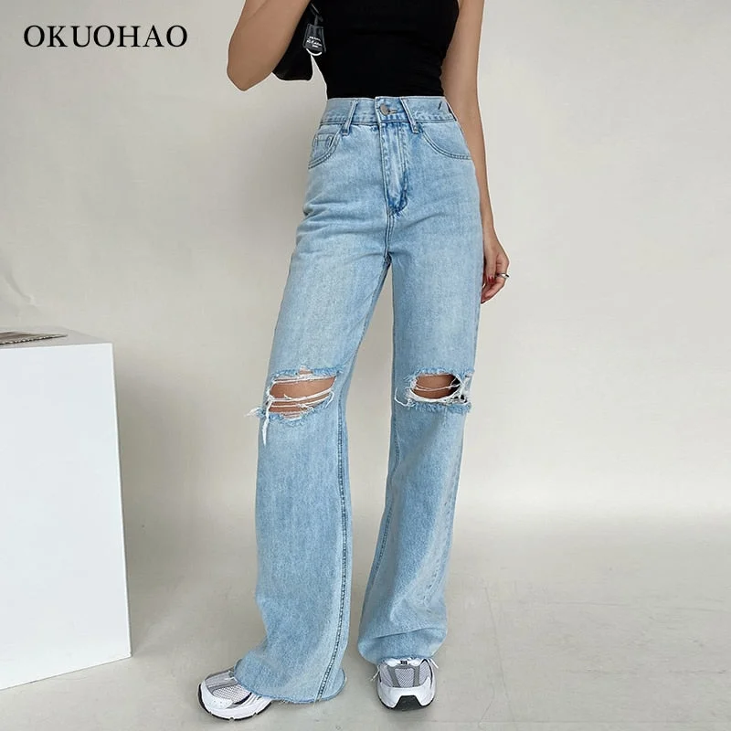 Women's Jeans High Waist Ripped Wide Leg Loose Denim Trousers For Female Baggy Mom Jeans Straight Pants Casual Y2k Jean Trousers fashionable chic Women's Jeans High Waist Ripped Wide Leg Loose Denim Trousers For Female Baggy Mom Jeans Straight Pants Casual Y2k Jean Trousers fashionable chic