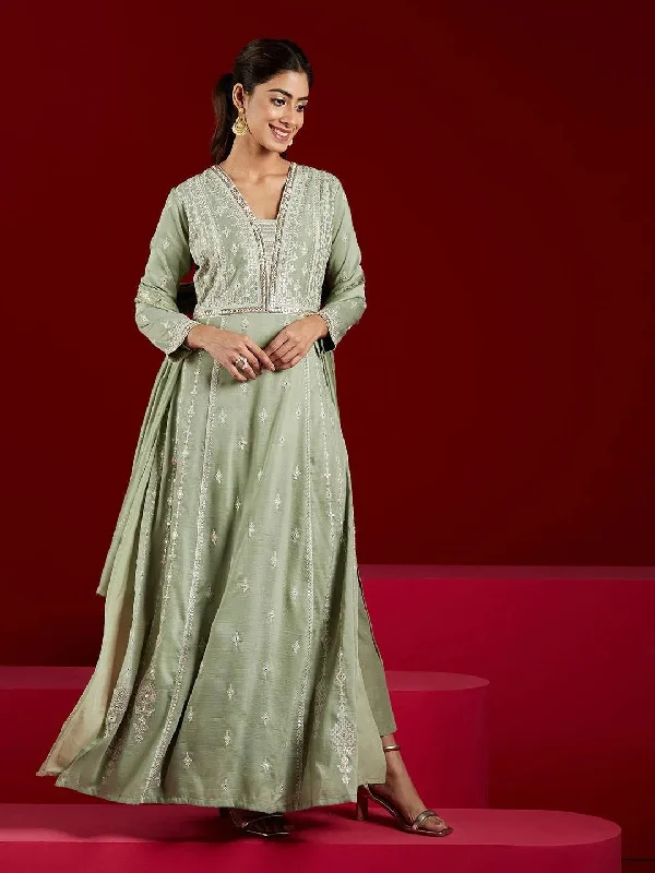 Libas Art Dusty Green Embroidered Silk Blend A-Line Kurta With Trousers & Dupatta Trousers Favorite Customer Libas Art Dusty Green Embroidered Silk Blend A-Line Kurta With Trousers & Dupatta Trousers Favorite Customer