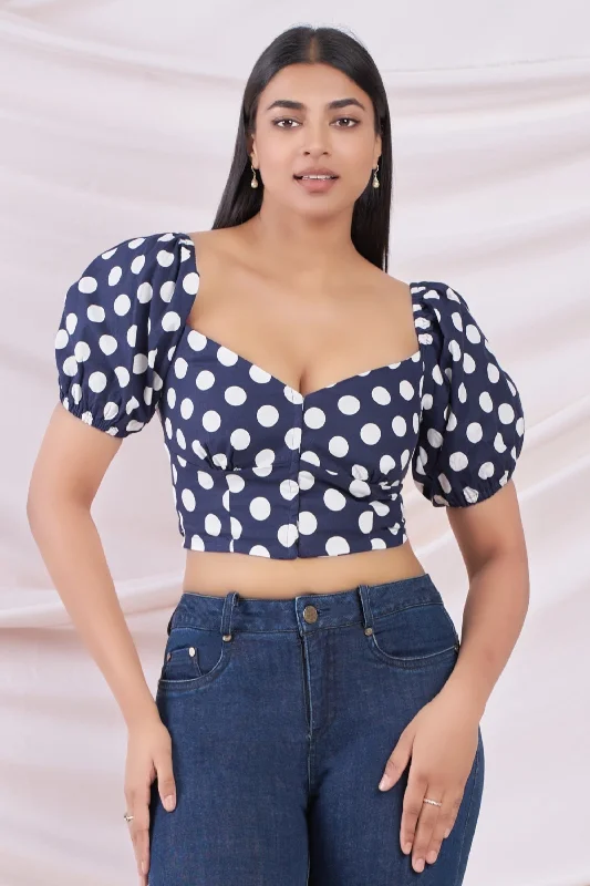 Blue Polka Dot Crop Top Cotton Fabric Linen Fabric Terry Fabric