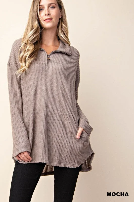 Stacey Waffle Zip Pullover Puff Sleeve Stylish