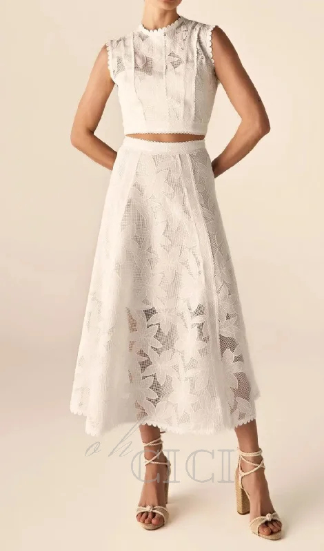 Guipure Mesh Midi Skirt Crop Top Set in white Front Pockets Side Pockets Patch Pockets Guipure Mesh Midi Skirt Crop Top Set in white Front Pockets Side Pockets Patch Pockets
