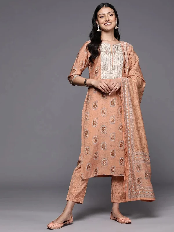 Peach Yoke Design Silk Blend Straight Kurta With Trousers & Dupatta Trousers Ceremony Elegant Peach Yoke Design Silk Blend Straight Kurta With Trousers & Dupatta Trousers Ceremony Elegant