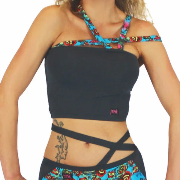 Xena Crop Top - Tattoo Print Welt Pockets Slit Pockets Flap Pockets