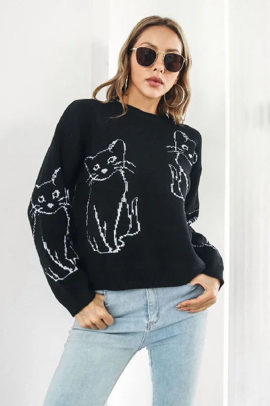 Cat Pullover Sweater (S-L) Slim Sleeve Pullover