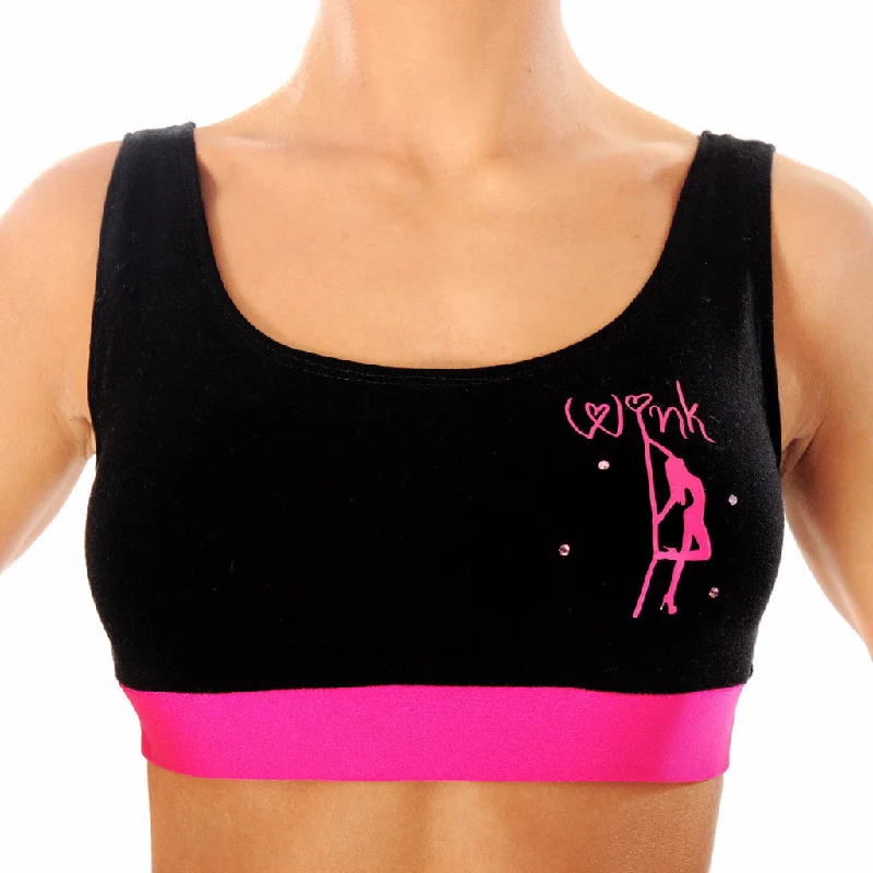Contrast Band Crop Top - Black / Pink Spandex Blend Rayon Blend Denim Blend