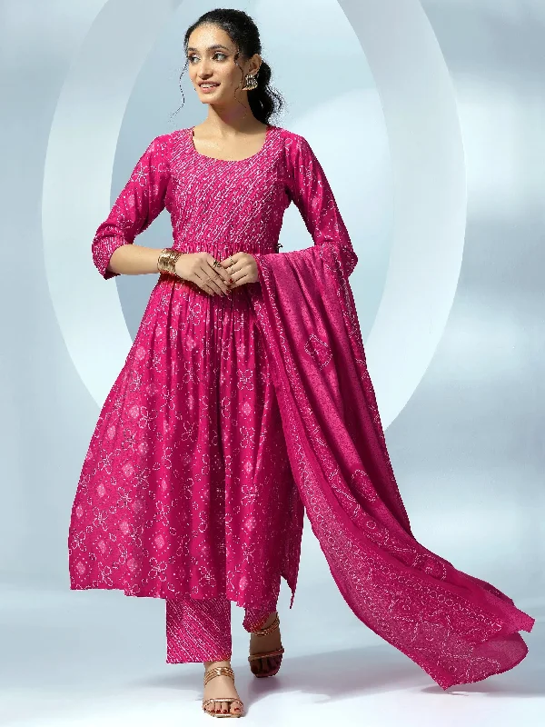 Pink Printed Silk Blend A-Line Kurta With Trousers & Dupatta Trousers practical easy-care Pink Printed Silk Blend A-Line Kurta With Trousers & Dupatta Trousers practical easy-care