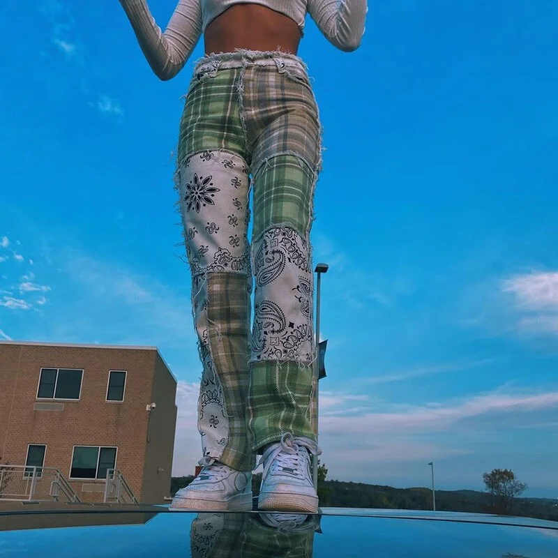 2022 Women's Stylish Plaid Pattern Patchwork Splicing Color Jeans Hip Hop Casual Wild Straight Fitting Trousers Trousers Velvet Soft 2022 Women's Stylish Plaid Pattern Patchwork Splicing Color Jeans Hip Hop Casual Wild Straight Fitting Trousers Trousers Velvet Soft