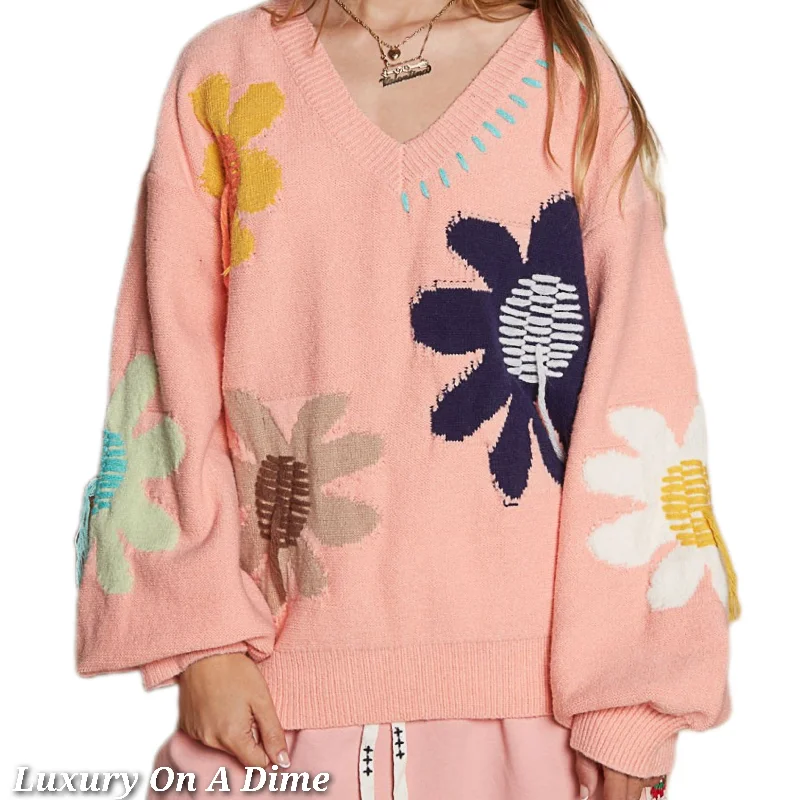 POL Daisy Fringe Retro Contrast Flower Top Embroidered Pullover Knit Sweater Bishop Sleeve Elegant POL Daisy Fringe Retro Contrast Flower Top Embroidered Pullover Knit Sweater Bishop Sleeve Elegant