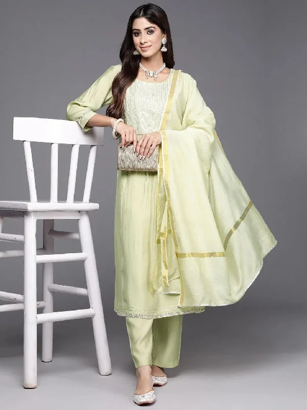 Green Yoke Design Silk Blend A-Line Kurta With Trousers & Dupatta Trousers Versatile Stylish Green Yoke Design Silk Blend A-Line Kurta With Trousers & Dupatta Trousers Versatile Stylish
