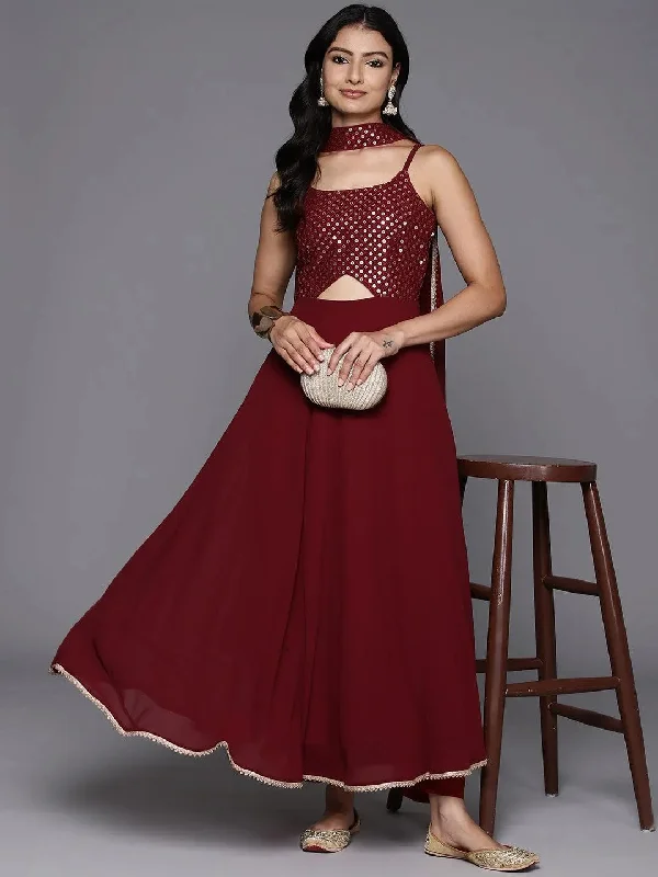 Maroon Embroidered Georgette A-Line Kurta With Trousers & Dupatta Trousers fashionable chic Maroon Embroidered Georgette A-Line Kurta With Trousers & Dupatta Trousers fashionable chic