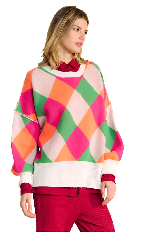 DAVI & DANI Retro Neon Diamond Stripe Long Sleeve Oversized Pullover Sweater Top Bolero Style Sweater DAVI & DANI Retro Neon Diamond Stripe Long Sleeve Oversized Pullover Sweater Top Bolero Style Sweater