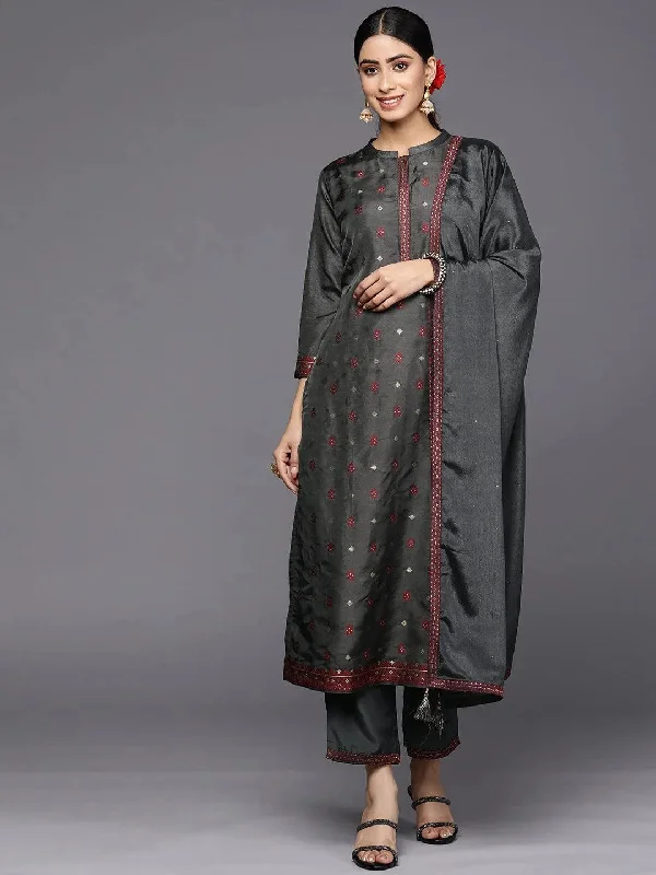 Grey Self Design Silk Blend Straight Kurta With Trousers & Dupatta Trousers trendy modern Grey Self Design Silk Blend Straight Kurta With Trousers & Dupatta Trousers trendy modern