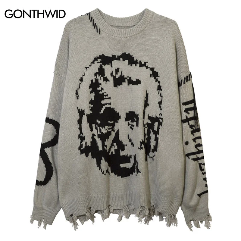 Hip Hop Vintage Sweater Y2K Grunge Ripped Knitted Einstein Punk Gothic Pullover Jumper Streetwear Harajuku Casual Loose Sweaters Thick Cable Knit Hip Hop Vintage Sweater Y2K Grunge Ripped Knitted Einstein Punk Gothic Pullover Jumper Streetwear Harajuku Casual Loose Sweaters Thick Cable Knit